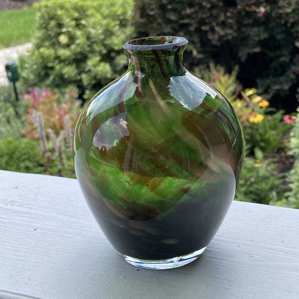 Green Art Glass Vase With Sparkly Bronze Swirls 4.75"